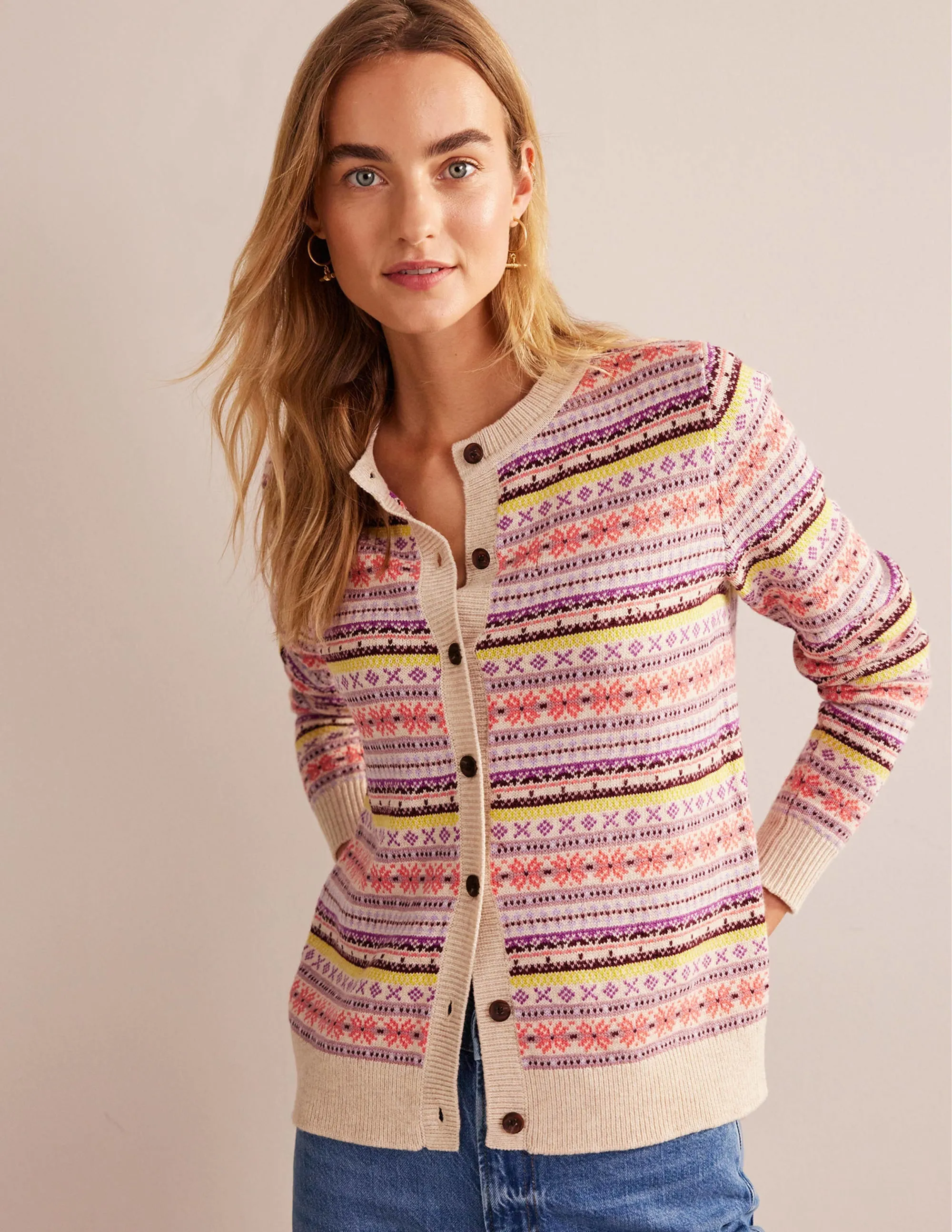 Edie Fair Isle Cardigan-Chalky Pink Fair Isle