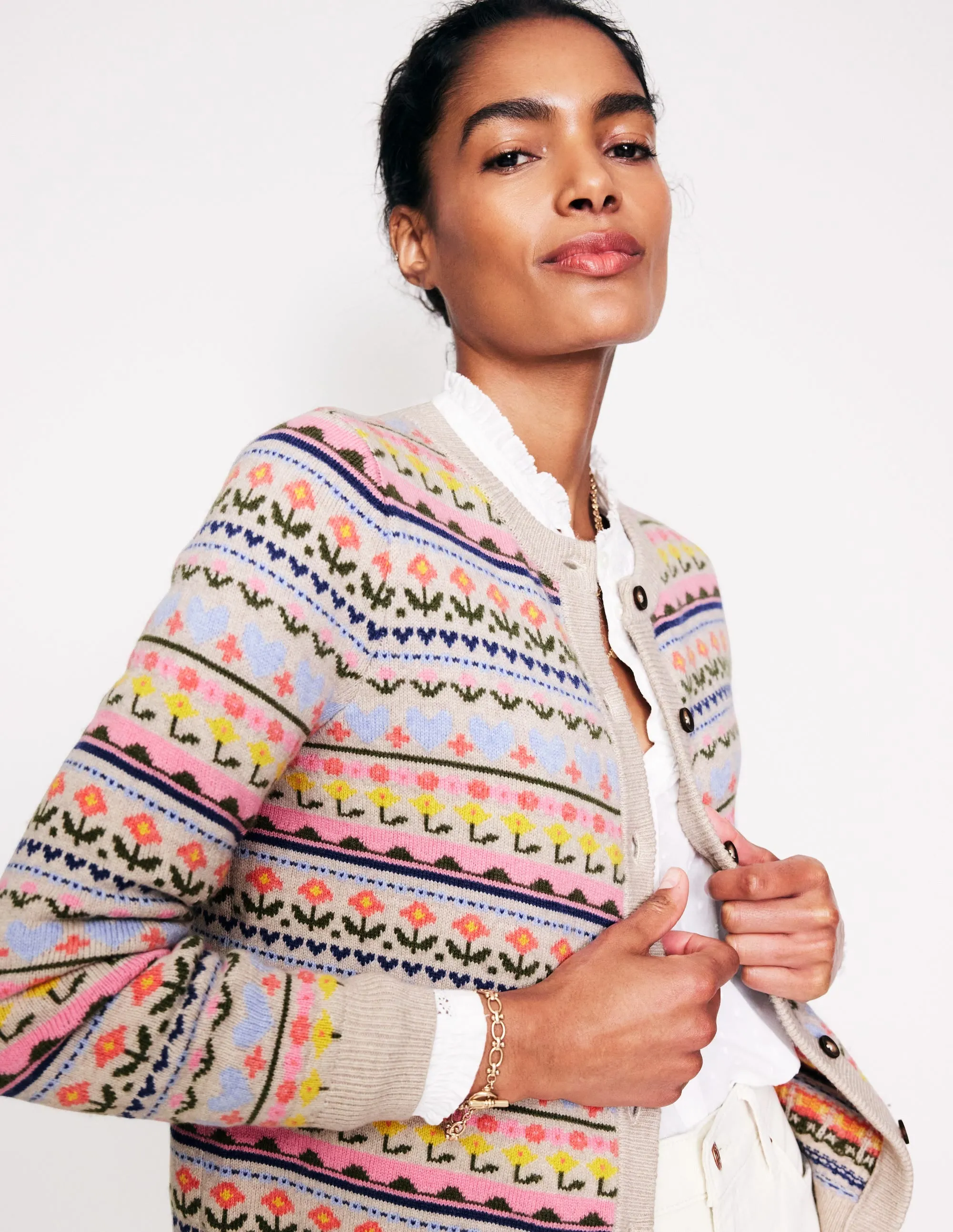 Edie Fair Isle Cardigan-Oatmeal Melange, Heart Flower