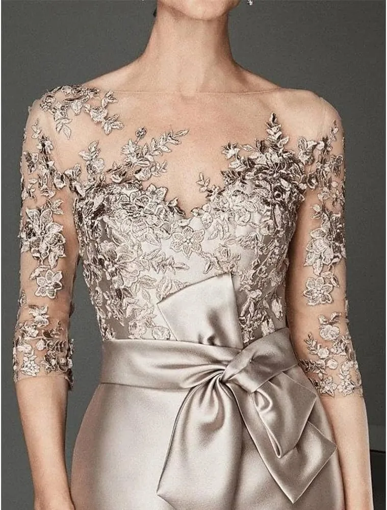 Elegant A-Line Mother of The Bride Dress Illusion Neck 3/4 Sleeve Short-Mini Chiffon Evening Gown with Lace Applique