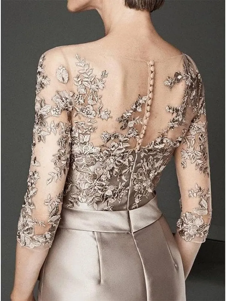 Elegant A-Line Mother of The Bride Dress Illusion Neck 3/4 Sleeve Short-Mini Chiffon Evening Gown with Lace Applique