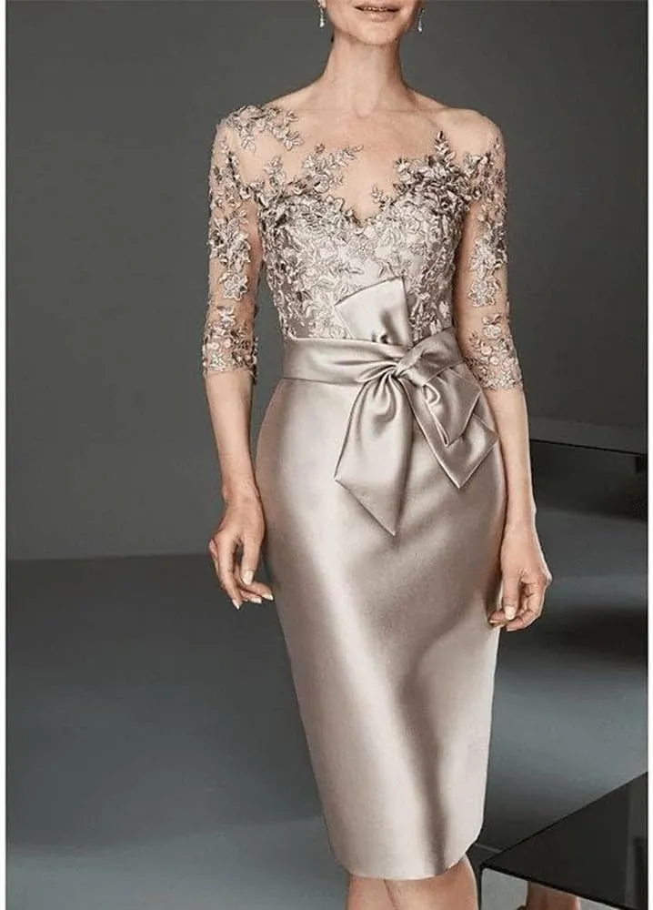 Elegant A-Line Mother of The Bride Dress Illusion Neck 3/4 Sleeve Short-Mini Chiffon Evening Gown with Lace Applique