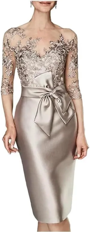 Elegant A-Line Mother of The Bride Dress Illusion Neck 3/4 Sleeve Short-Mini Chiffon Evening Gown with Lace Applique