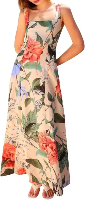 FlekmanArt Women Boho Cute Print Maxi Dress Summer Graffiti Cami Long Dress Straghetti Strap Flowy Slip Dress Beach Dress