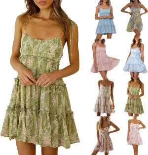Floral Dress for Women Flowy Chiffon Spaghetti Strap Tiered Ruffle Mini Dress Casual Summer Cute Beach Sundress