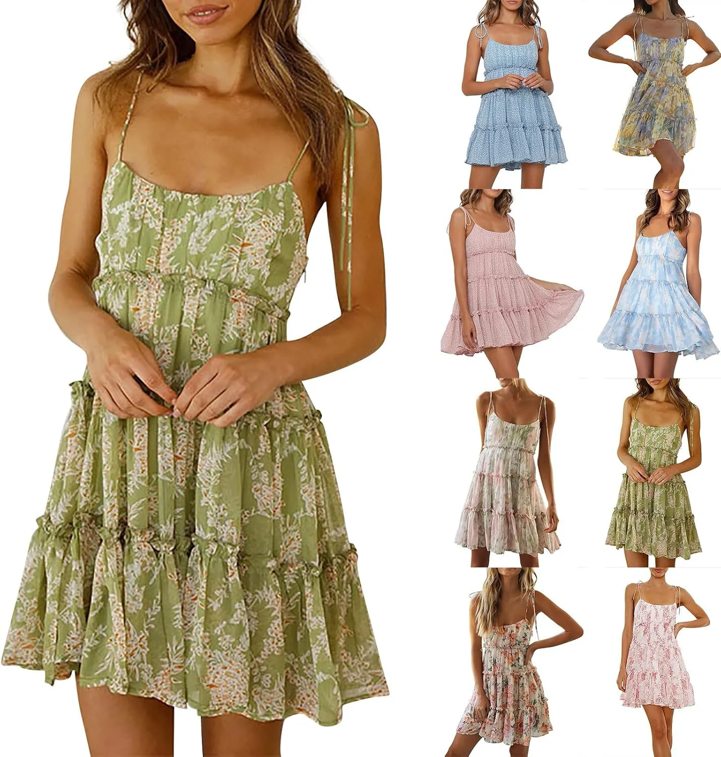 Floral Dress for Women Flowy Chiffon Spaghetti Strap Tiered Ruffle Mini Dress Casual Summer Cute Beach Sundress