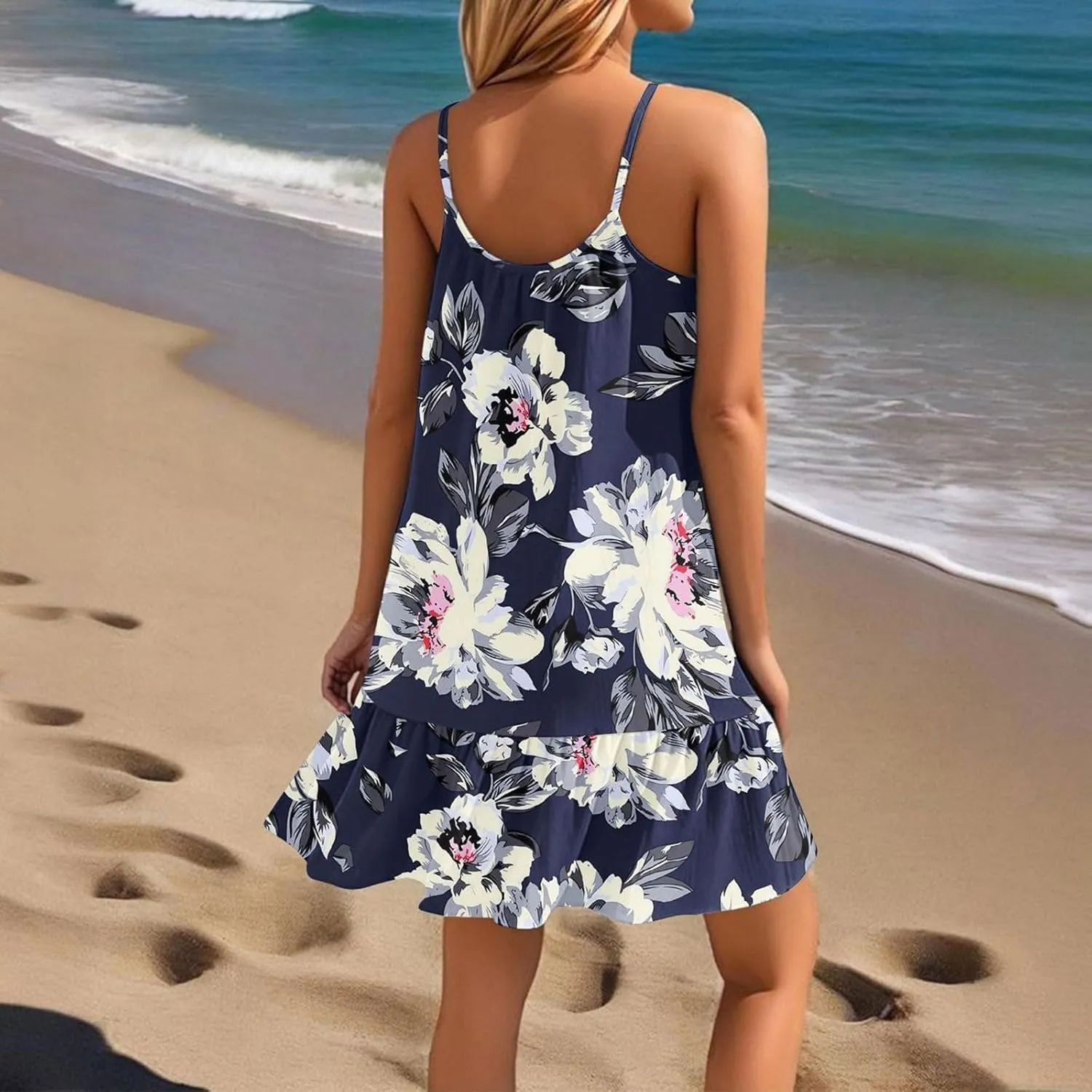 Floral Mini Summer Dresses for Women, Spaghetti Strap Cold Shoulder Ruffle Hem Swimsuits Beach Cover Up Sundress