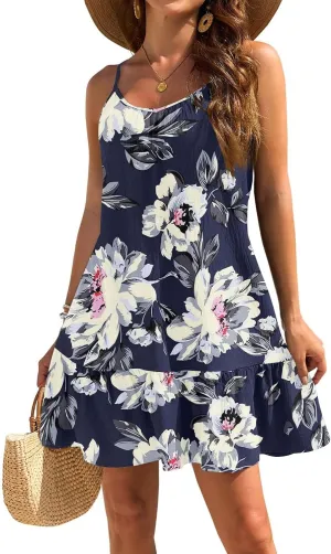 Floral Mini Summer Dresses for Women, Spaghetti Strap Cold Shoulder Ruffle Hem Swimsuits Beach Cover Up Sundress