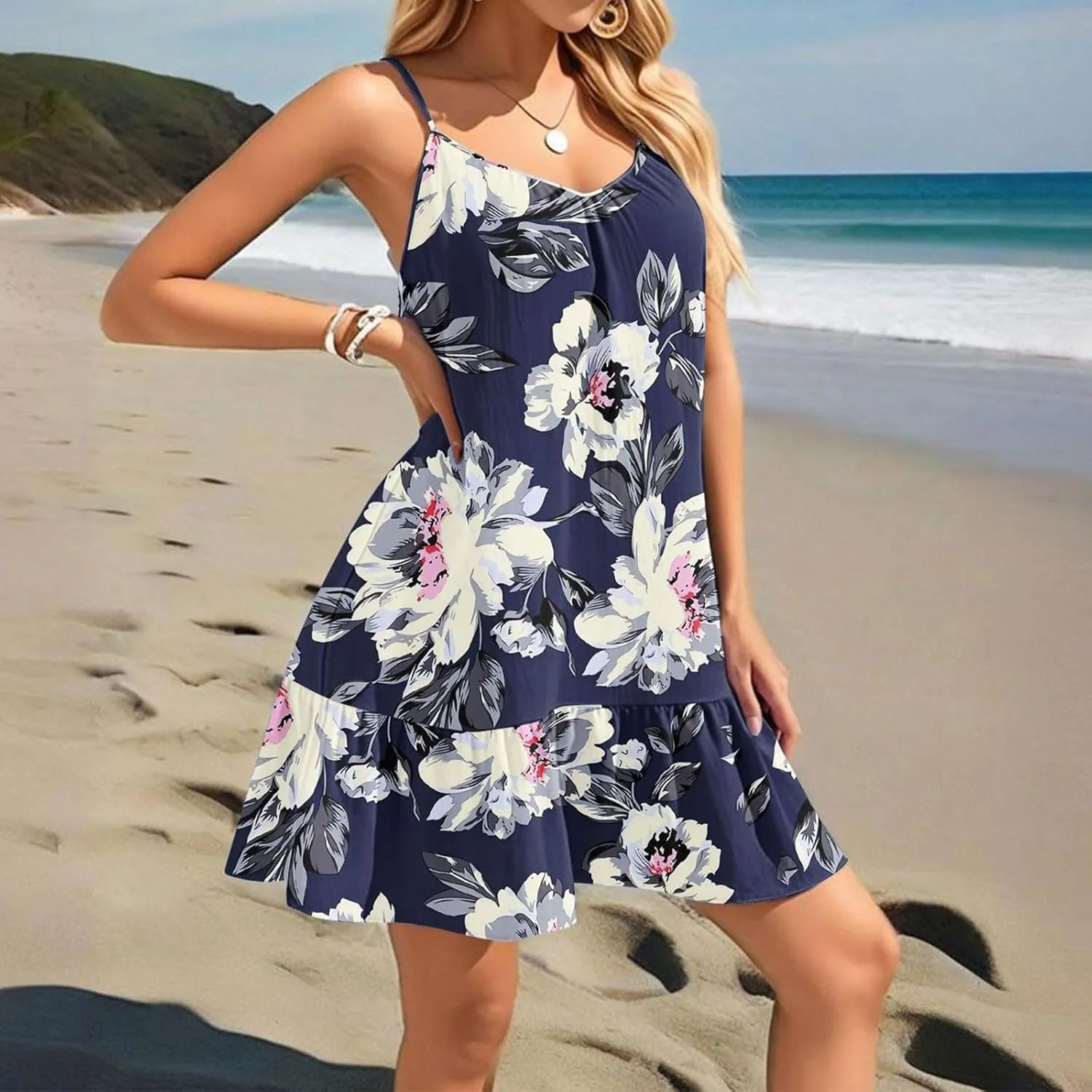 Floral Mini Summer Dresses for Women, Spaghetti Strap Cold Shoulder Ruffle Hem Swimsuits Beach Cover Up Sundress