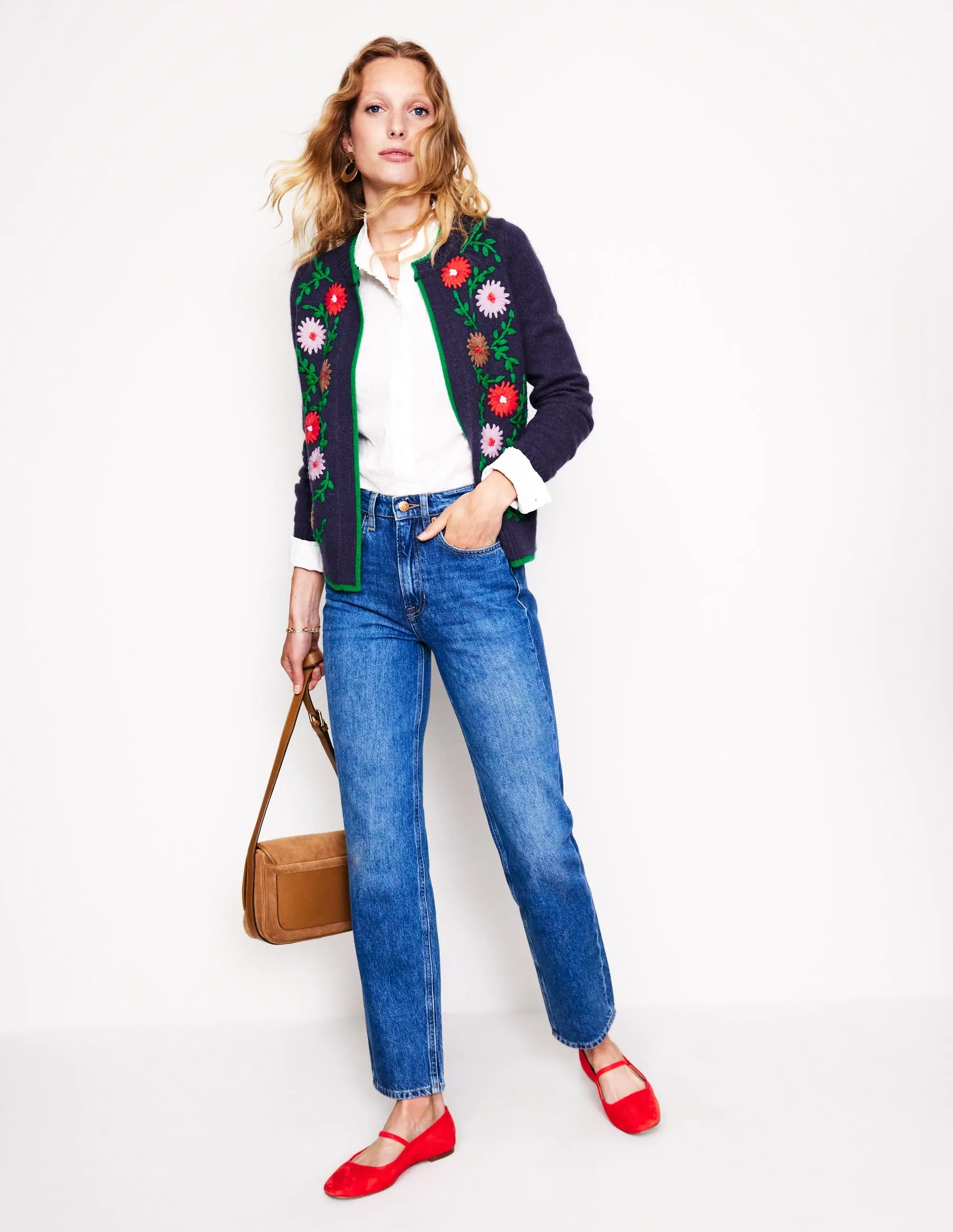 Flower Embroidered Cardigan-Navy