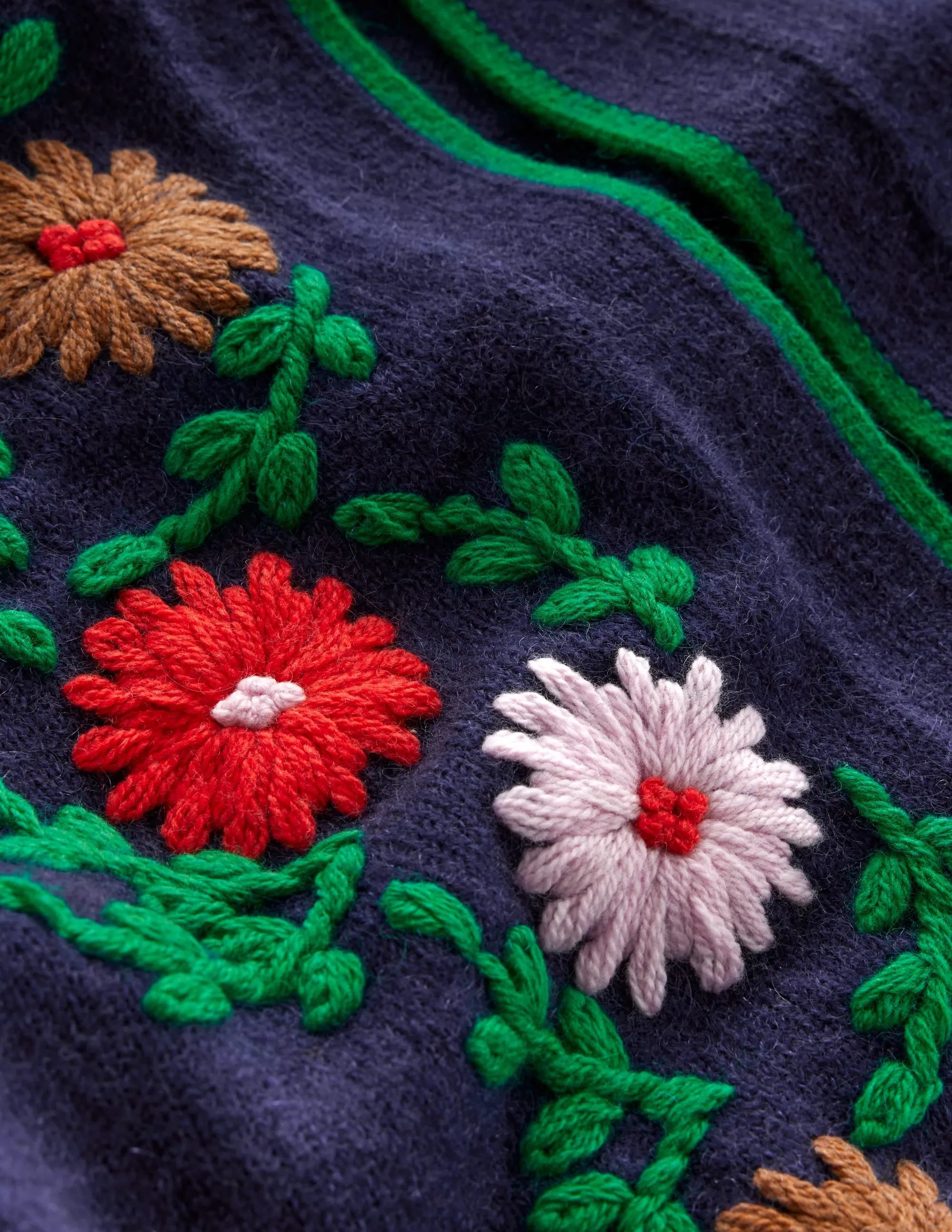 Flower Embroidered Cardigan-Navy