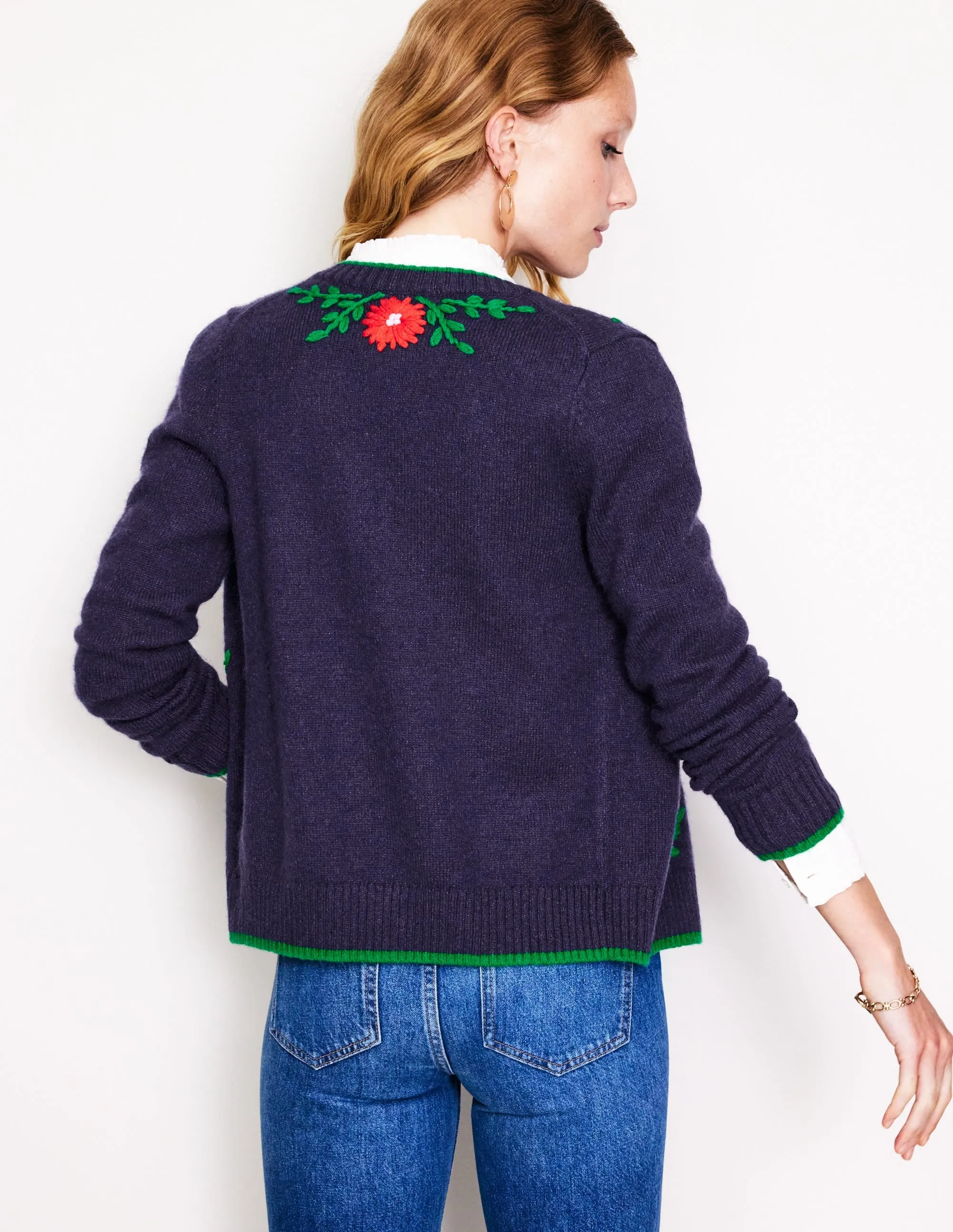 Flower Embroidered Cardigan-Navy