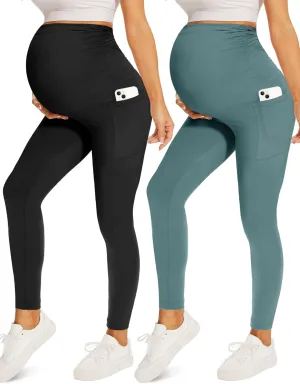 Fotociti 2 Pack Maternity Leggings With Pockets Over The Belly,Womens Pregnancy Workout Yoga Active Soft Tights Pants
