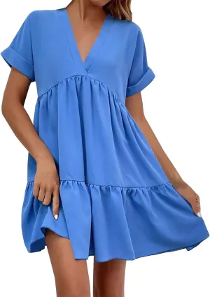 FZYLQY Womens Casual Dresses Short Sleeve V Neck Tiered Mini Dress Loose Fit Comfy Ruffle Swing Dress Trendy Beach Sundress