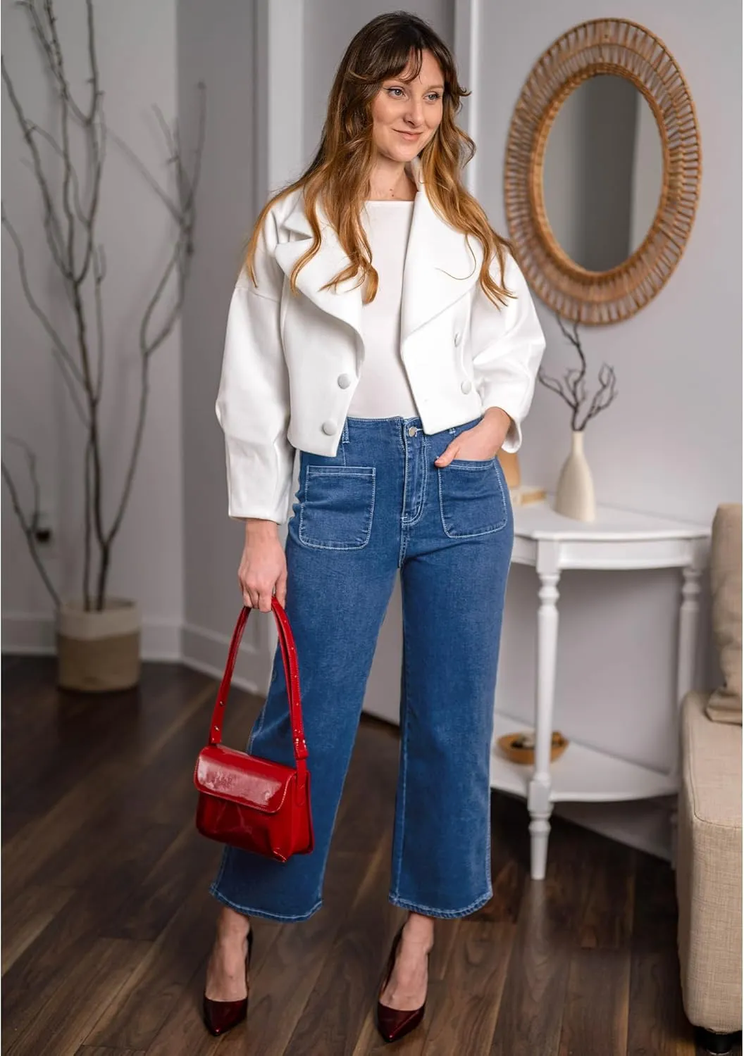 GRAPENT Wide Leg Jeans for Women High Waisted Straight Leg Stretchy Cropped Denim Pants with Pockets Jean Trousers