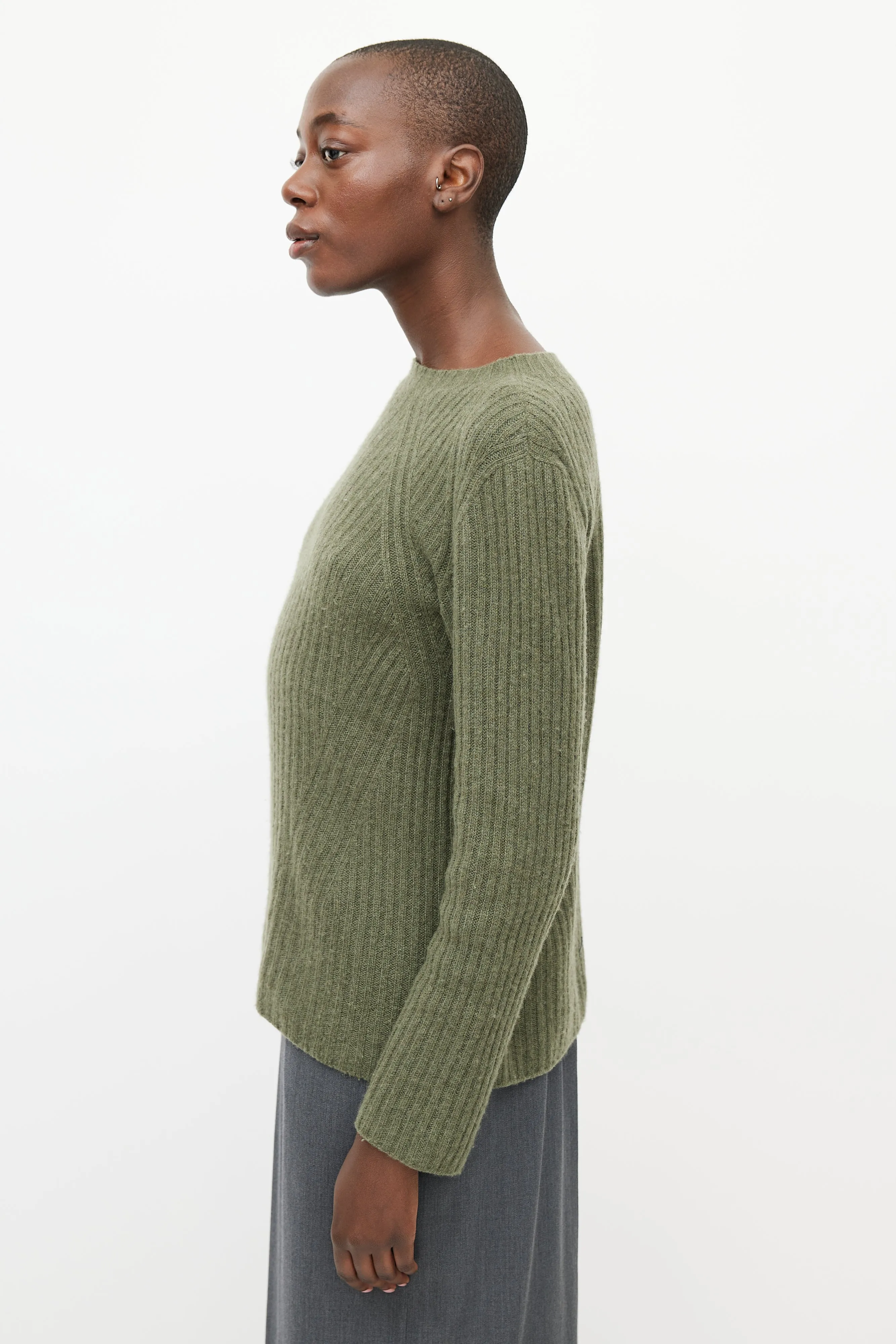 Green Cashmere Ribbed Knit Sweater