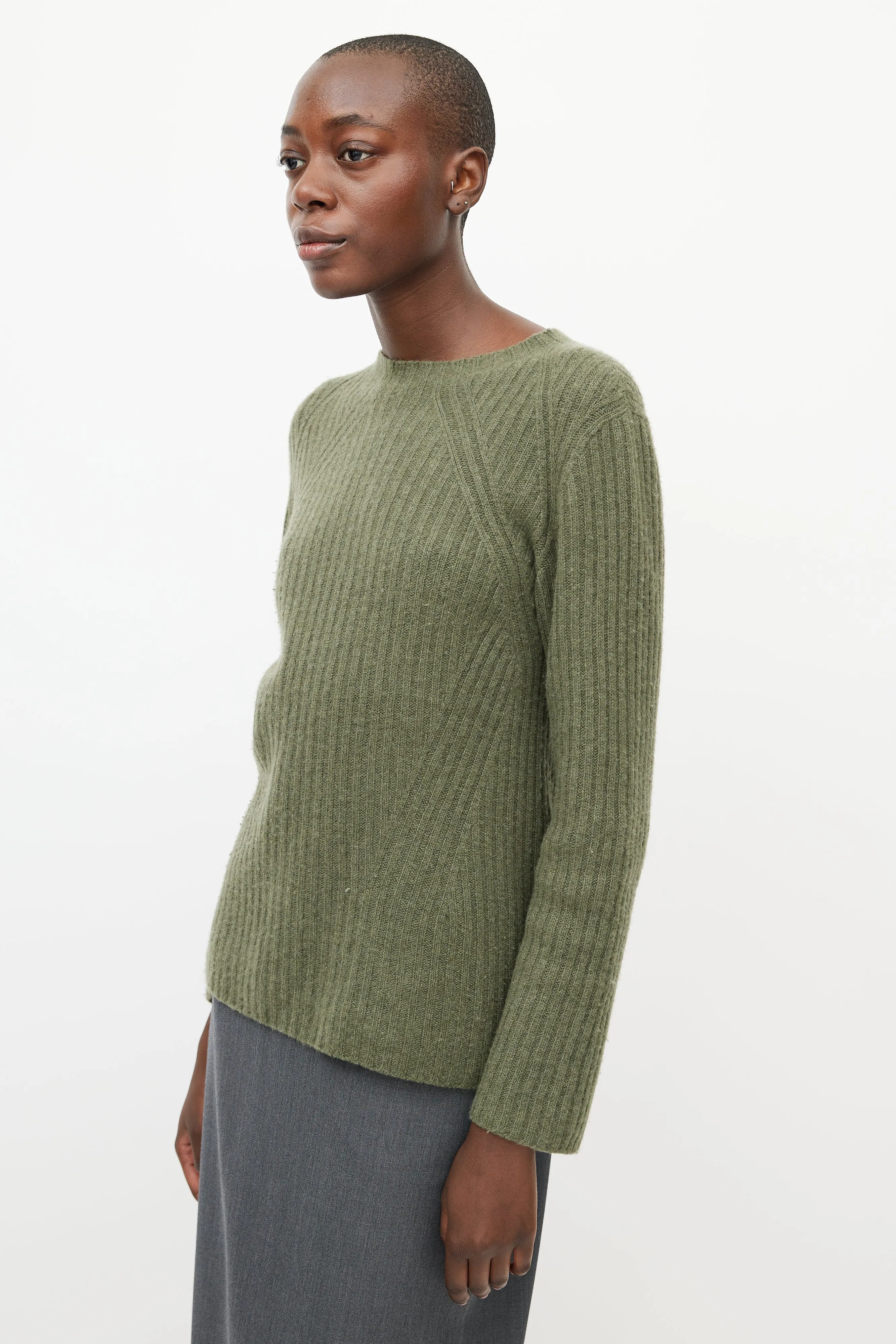 Green Cashmere Ribbed Knit Sweater