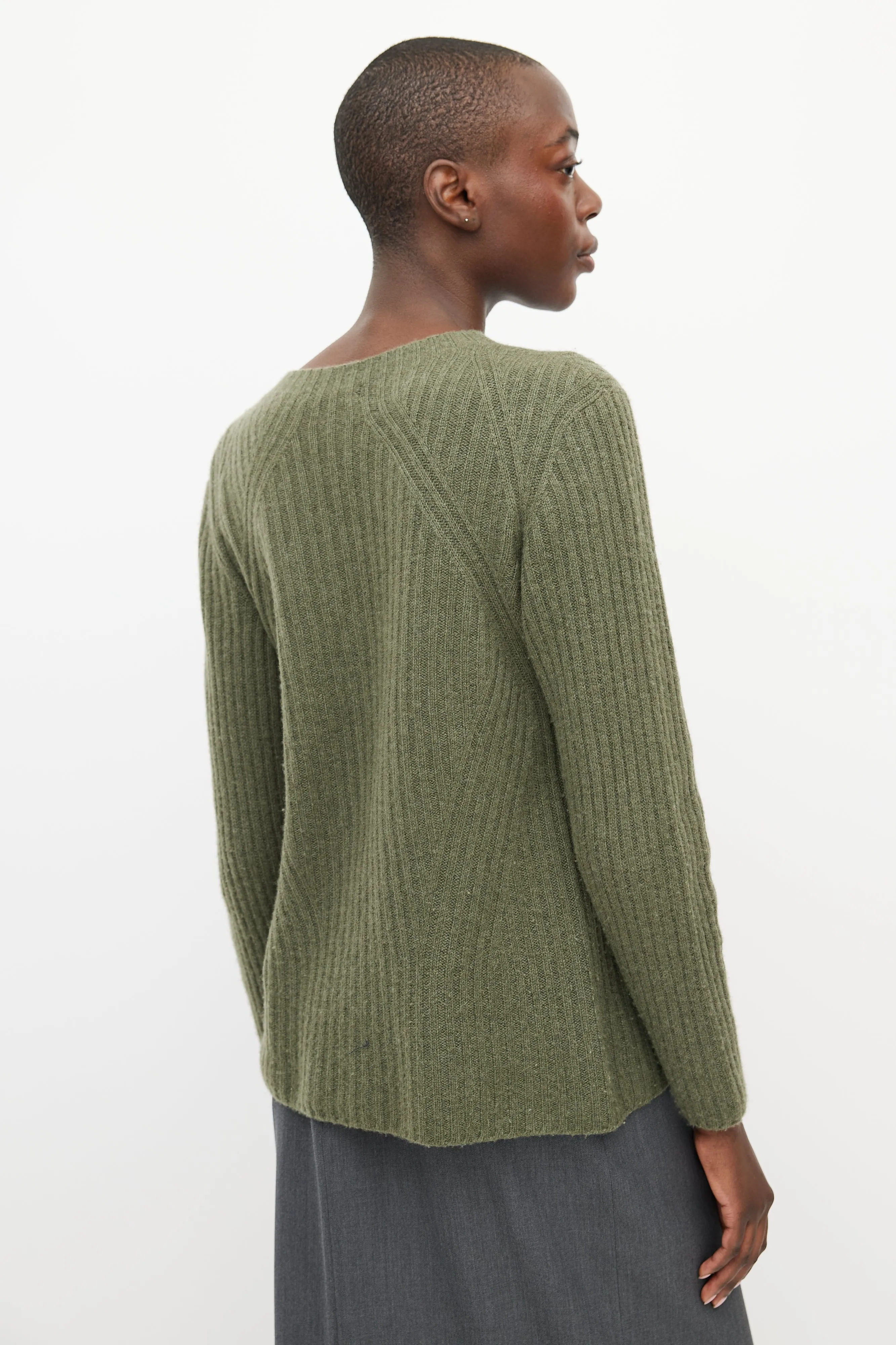 Green Cashmere Ribbed Knit Sweater
