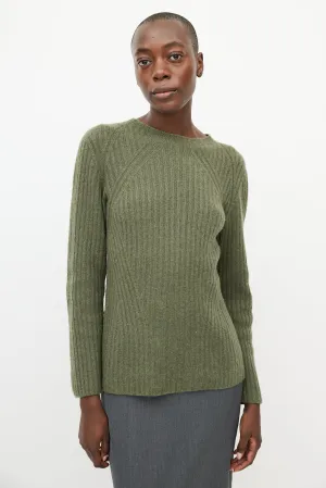 Green Cashmere Ribbed Knit Sweater