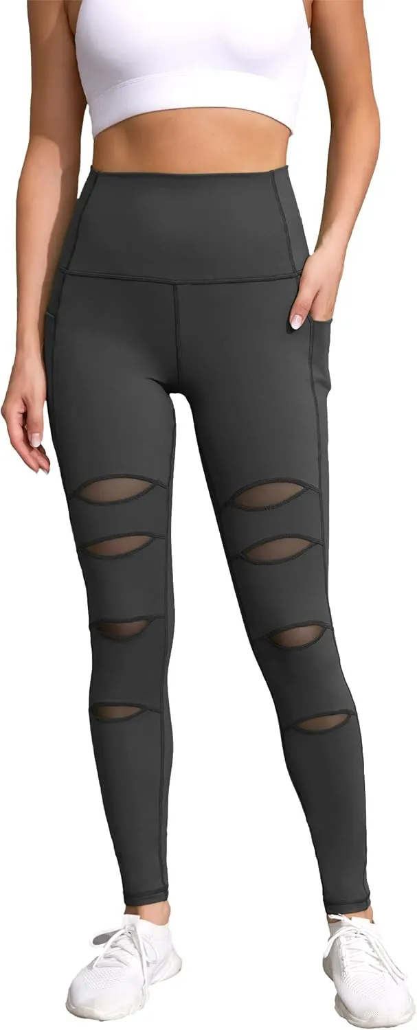 H HIAMIGOS Women's High Waist Ripped Gym Leggings with Phone Pocket Yoga Pants Workout Fitness Running Skinny Trousers
