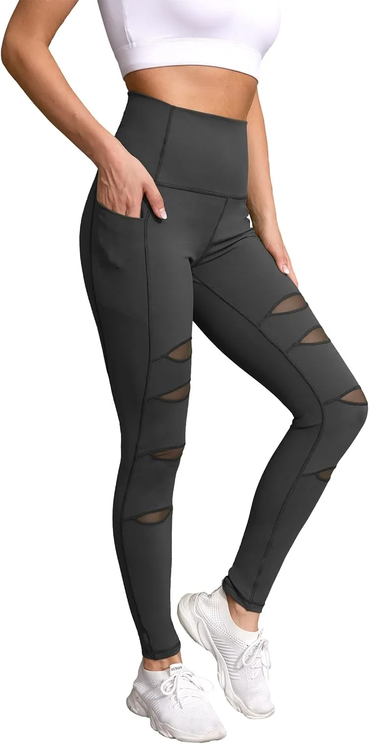 H HIAMIGOS Women's High Waist Ripped Gym Leggings with Phone Pocket Yoga Pants Workout Fitness Running Skinny Trousers