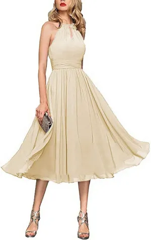 Halter Wedding Guest Dresses for Women Chiffon Short Bridesmaid Dress Formal Prom Midi Gown with Pockets