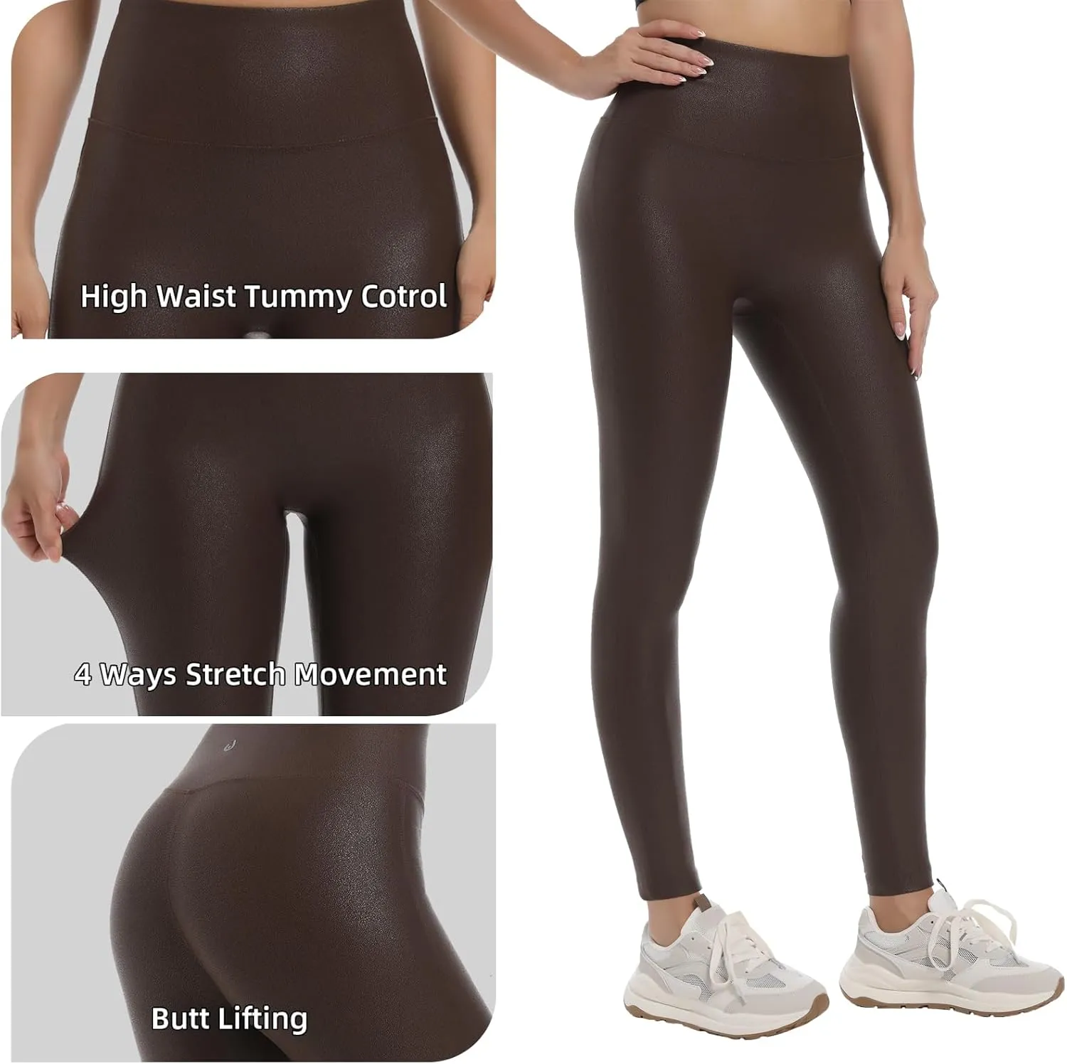 HARTPOR Faux Leather Leggings for Women 25''/ 28''- High Waisted Tummy Control Leather Pants Stretch Ankle Pleather Leggings
