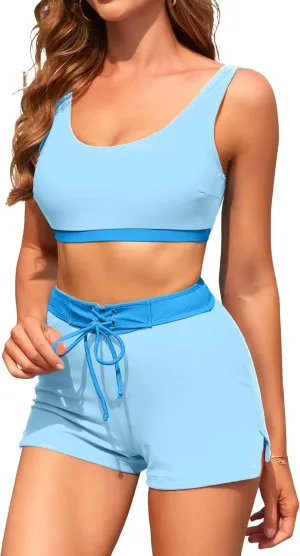 High Waisted Bikini Sets with Shorts Two Piece Swimsuits Full Coverage Bathing Suit Tummy Control Tankini