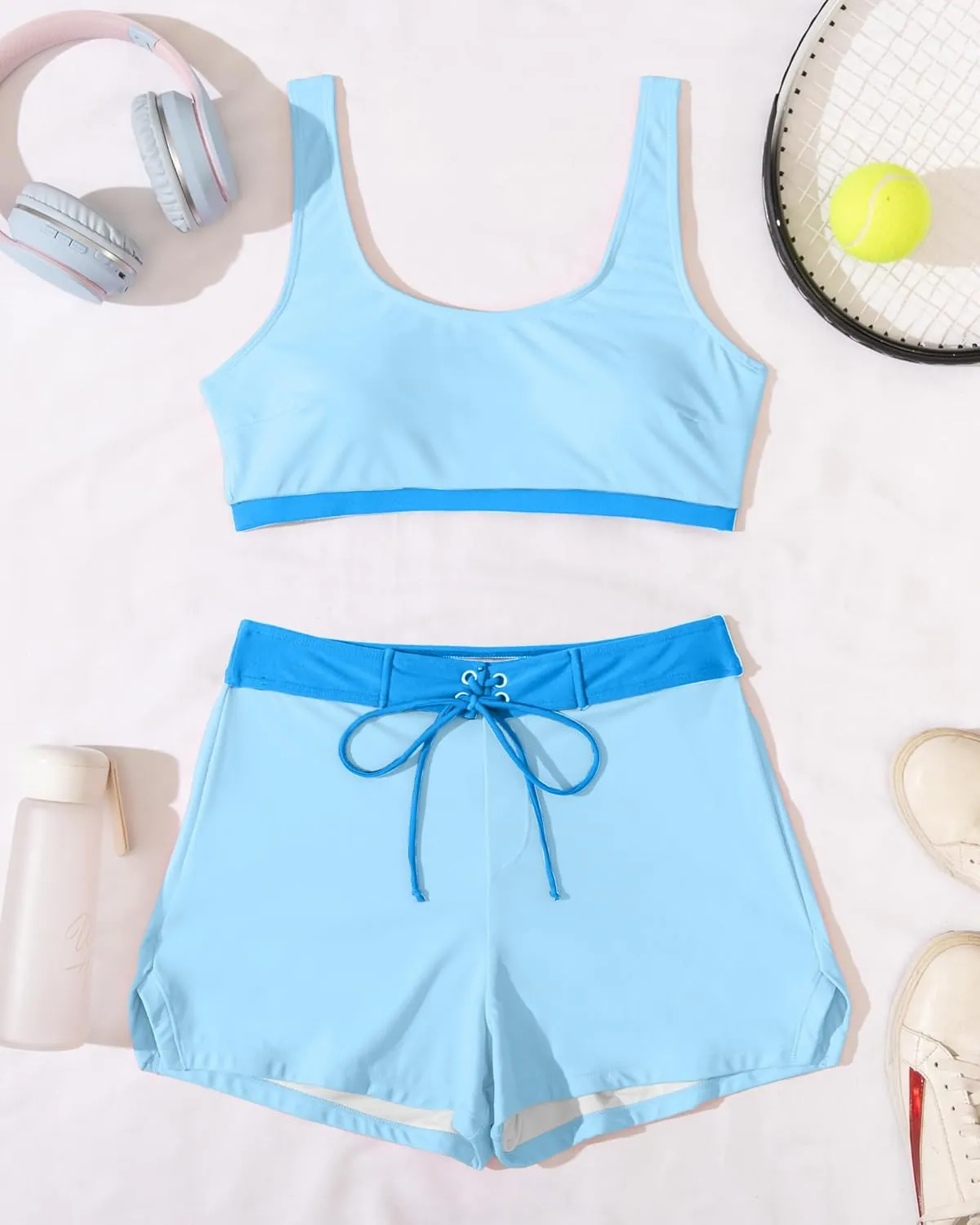 High Waisted Bikini Sets with Shorts Two Piece Swimsuits Full Coverage Bathing Suit Tummy Control Tankini