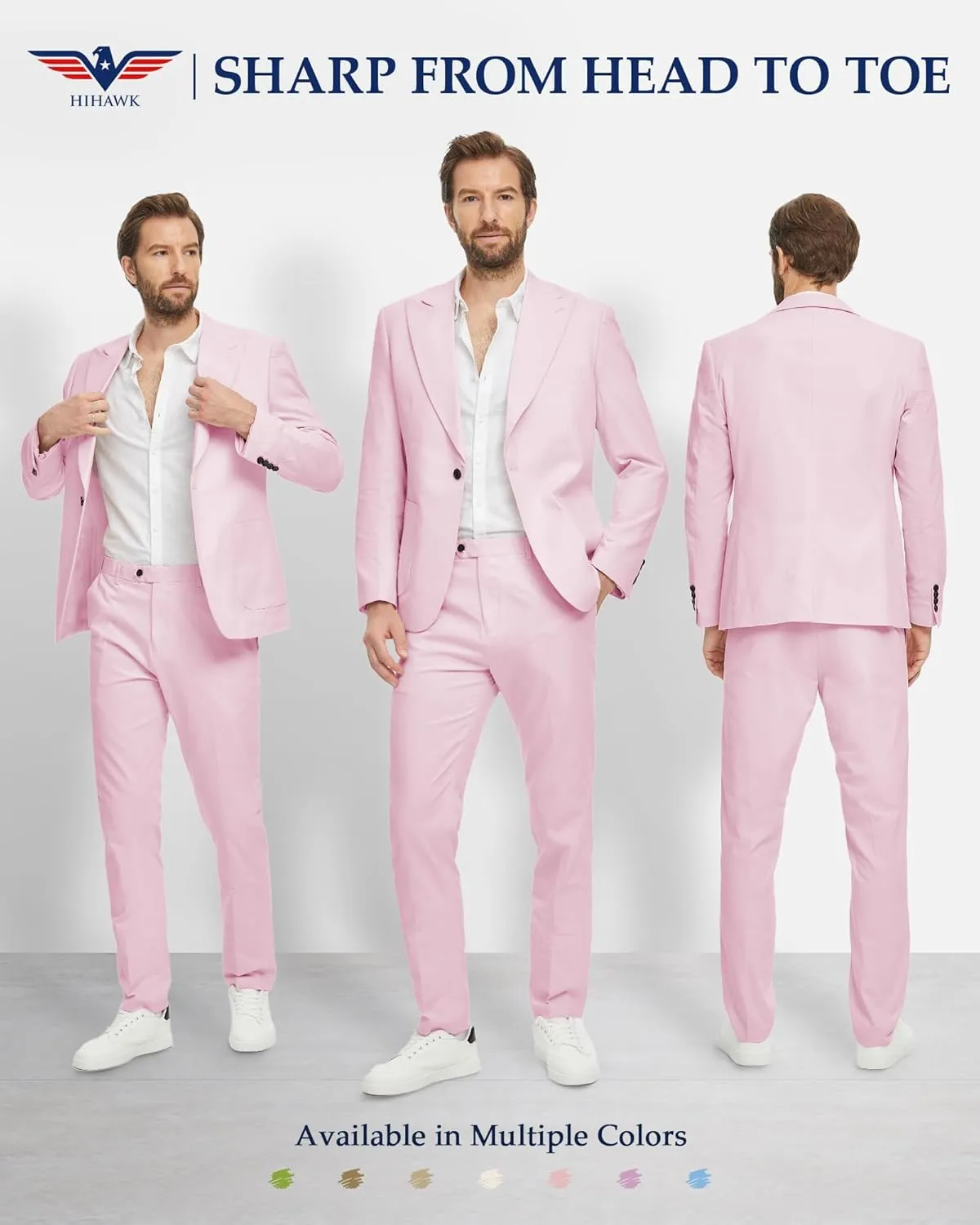 Hihawk Linen Suit for Men, 2 Pieces Casual Blazer and Pants, Summer Beach Wedding Suit Groomsmen Prom Tuxedo