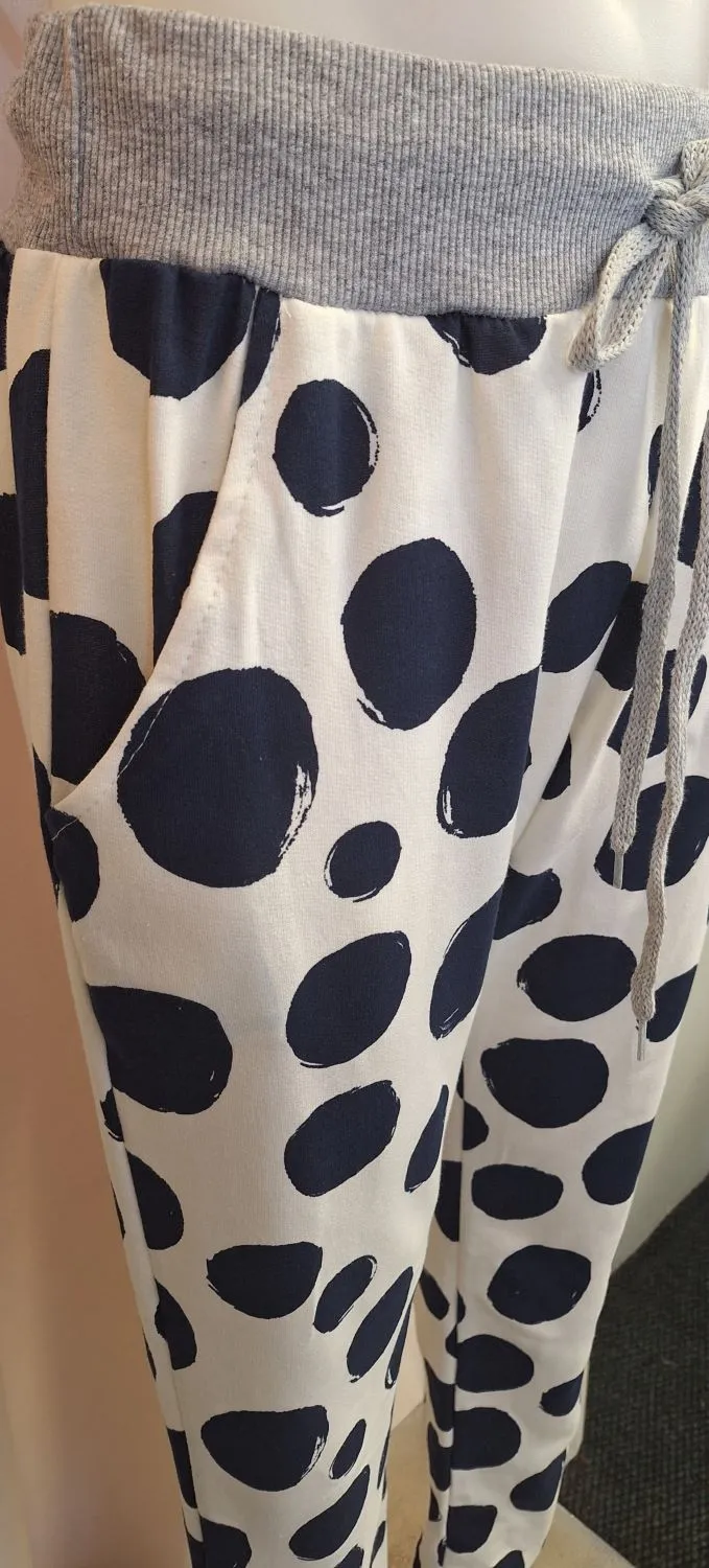 Italian Stretch Pants - Off White with Navy Polka Spots