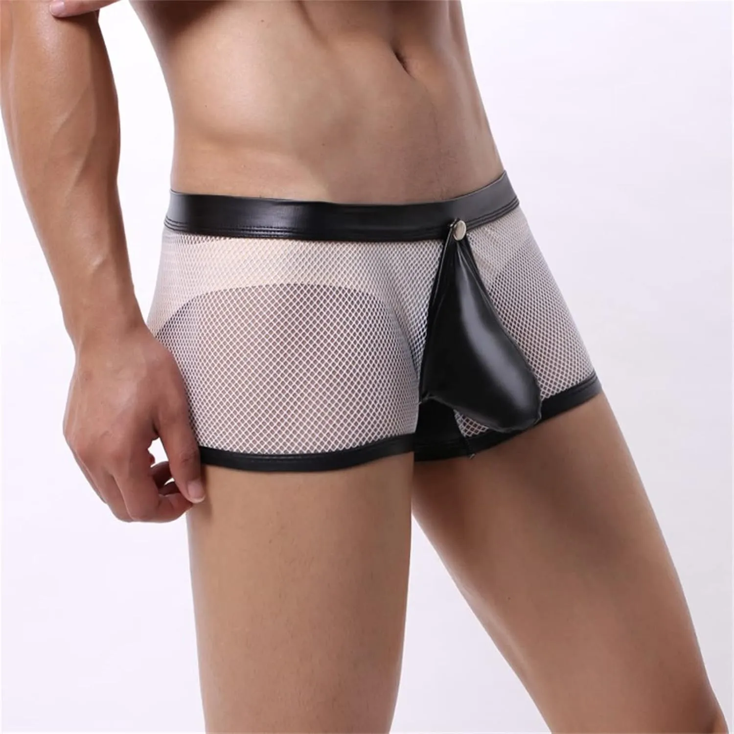 JEsilunmaMY Hollow Boxer Briefs for Men Open Crotch Leather Underwear with Removable Pouch See Through Mesh Shorts Clubwear