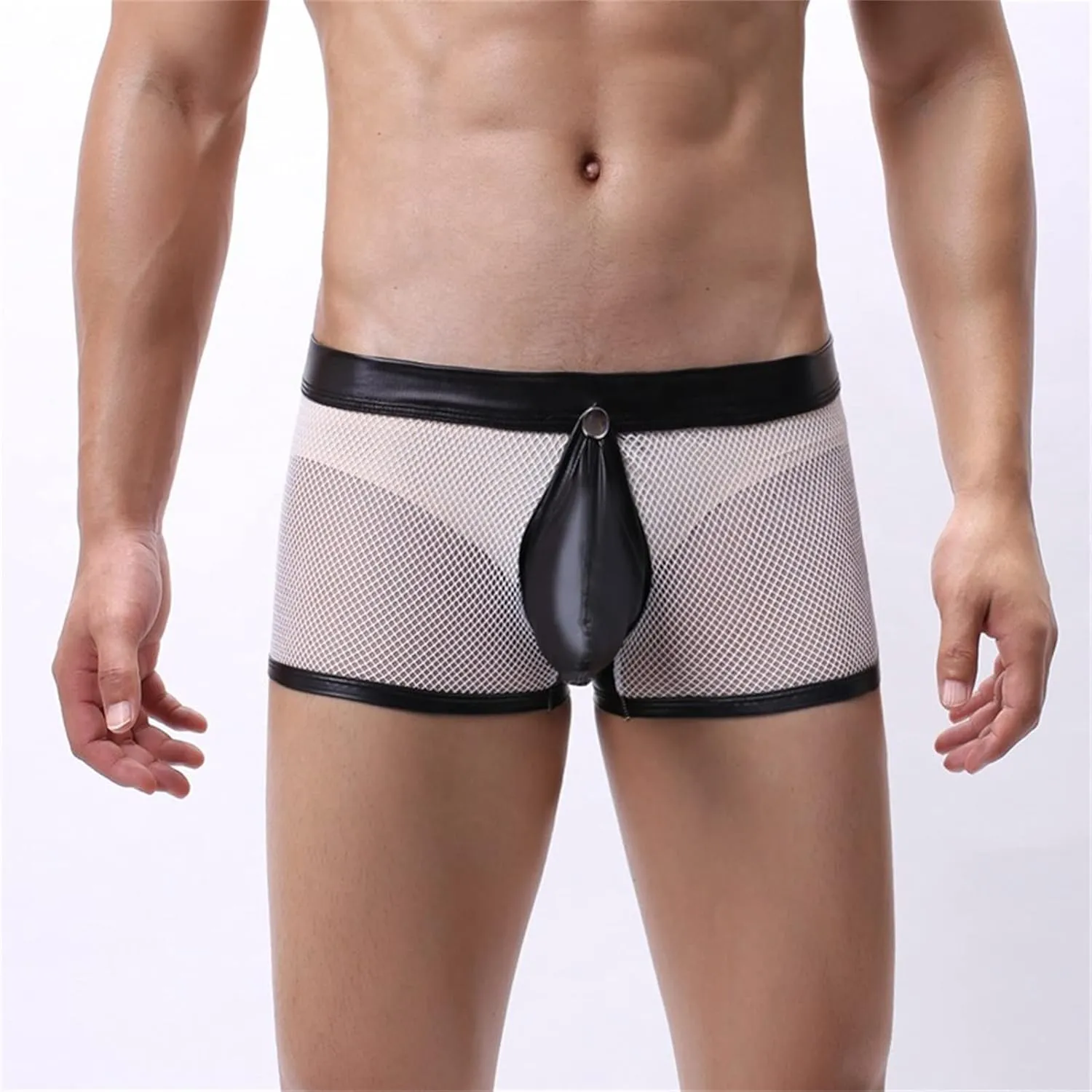 JEsilunmaMY Hollow Boxer Briefs for Men Open Crotch Leather Underwear with Removable Pouch See Through Mesh Shorts Clubwear
