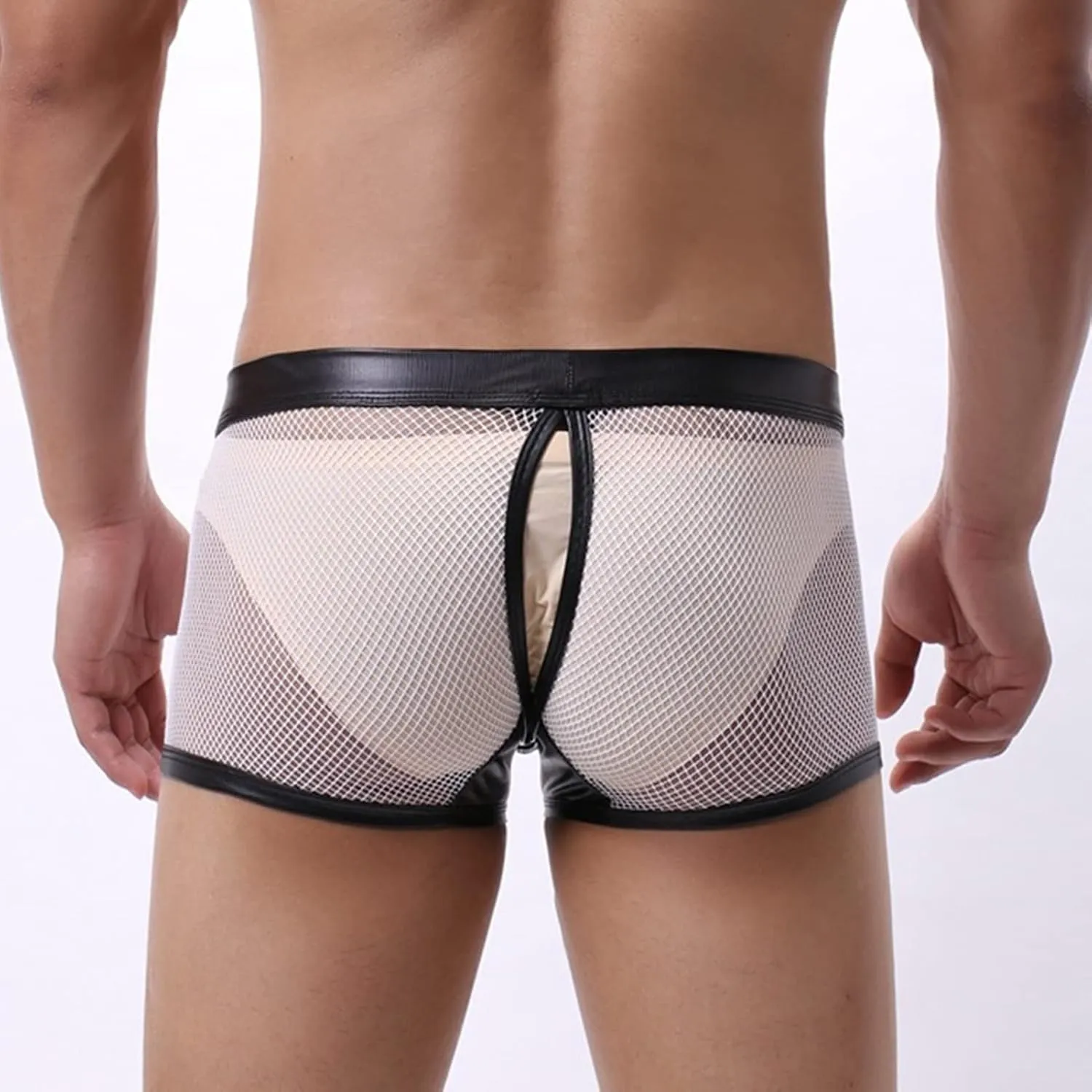 JEsilunmaMY Hollow Boxer Briefs for Men Open Crotch Leather Underwear with Removable Pouch See Through Mesh Shorts Clubwear