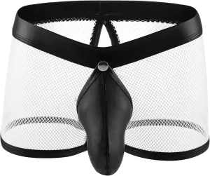 JEsilunmaMY Hollow Boxer Briefs for Men Open Crotch Leather Underwear with Removable Pouch See Through Mesh Shorts Clubwear