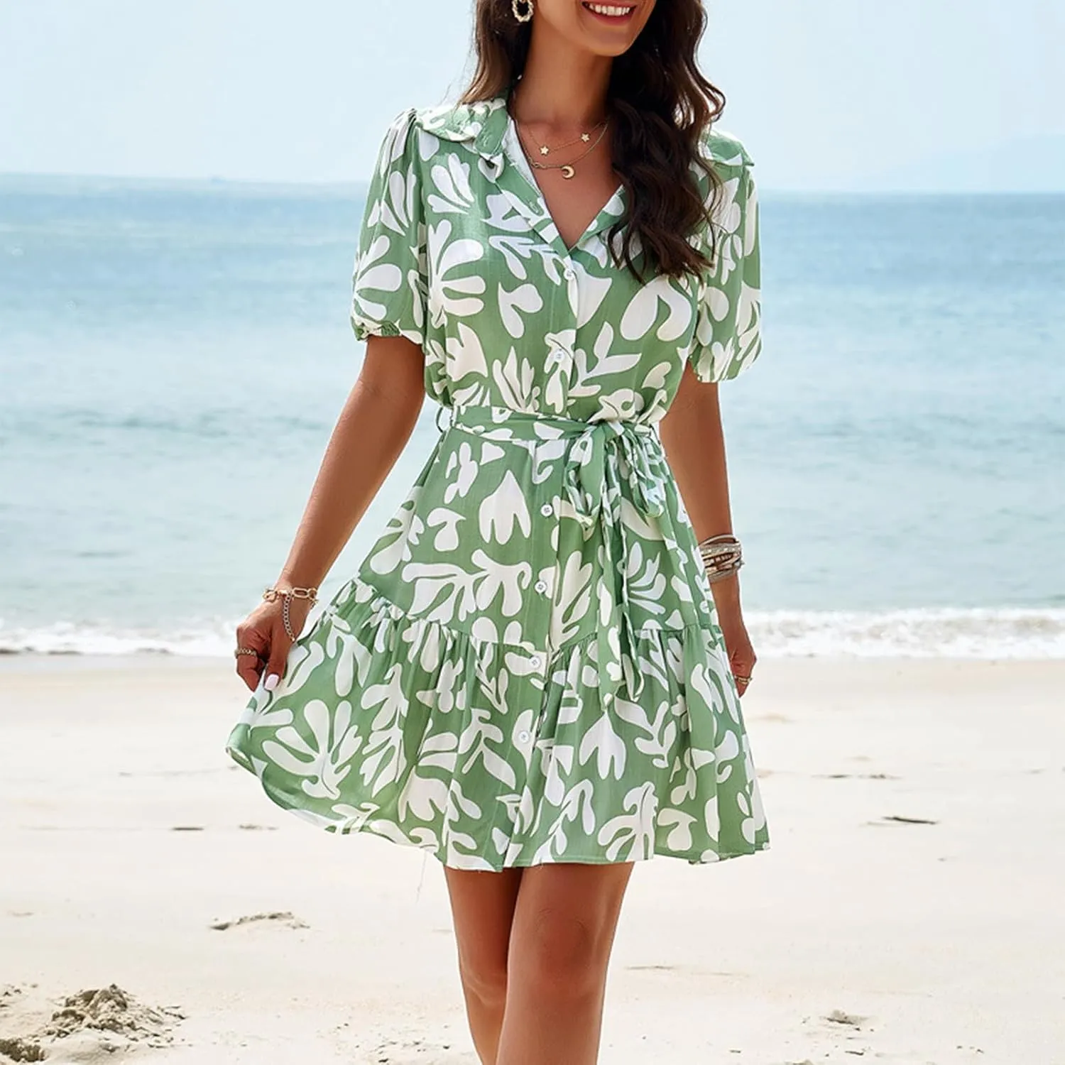 JOAU Women's Button Shirt Dress 2024 Casual Summer Collared V Neck Puff Sleeve Flowy Ruffle Tiered Swing Beach Mini Dresses