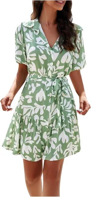 JOAU Women's Button Shirt Dress 2024 Casual Summer Collared V Neck Puff Sleeve Flowy Ruffle Tiered Swing Beach Mini Dresses