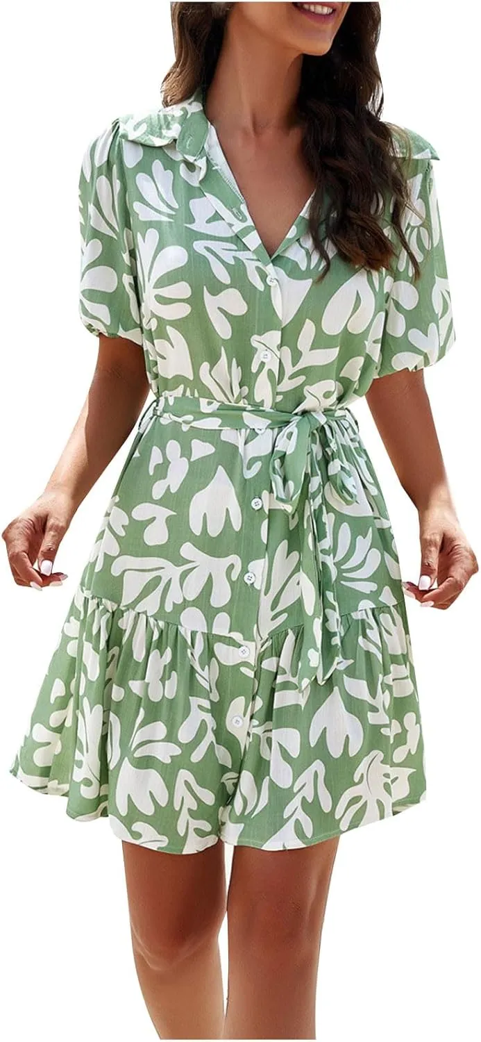 JOAU Women's Button Shirt Dress 2024 Casual Summer Collared V Neck Puff Sleeve Flowy Ruffle Tiered Swing Beach Mini Dresses
