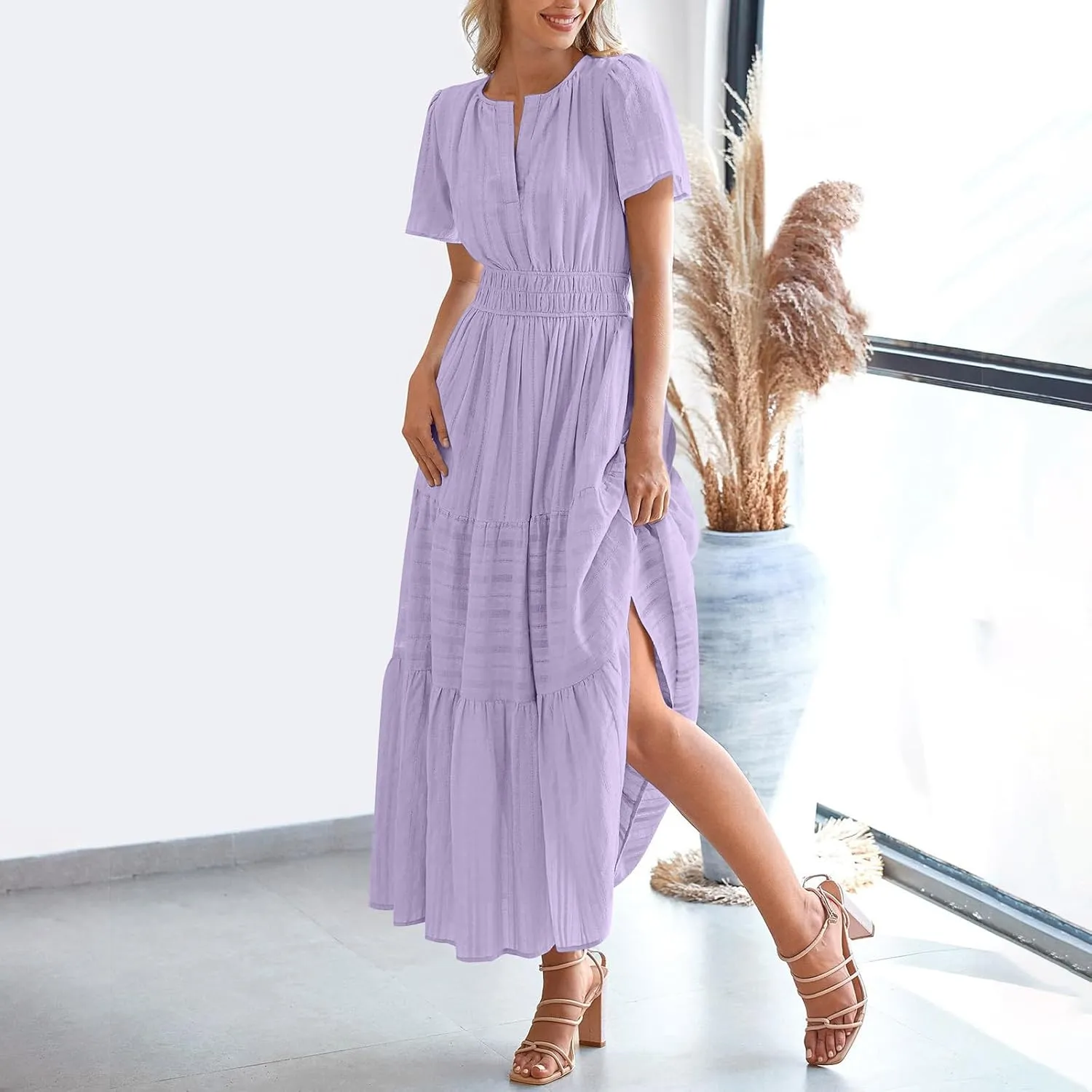 JOAU Womens Summer Dresses 2025 Casual Short Sleeve Notched V Neck Boho Tiered Ruffle A-Line Beach Maxi Dress with Pockets