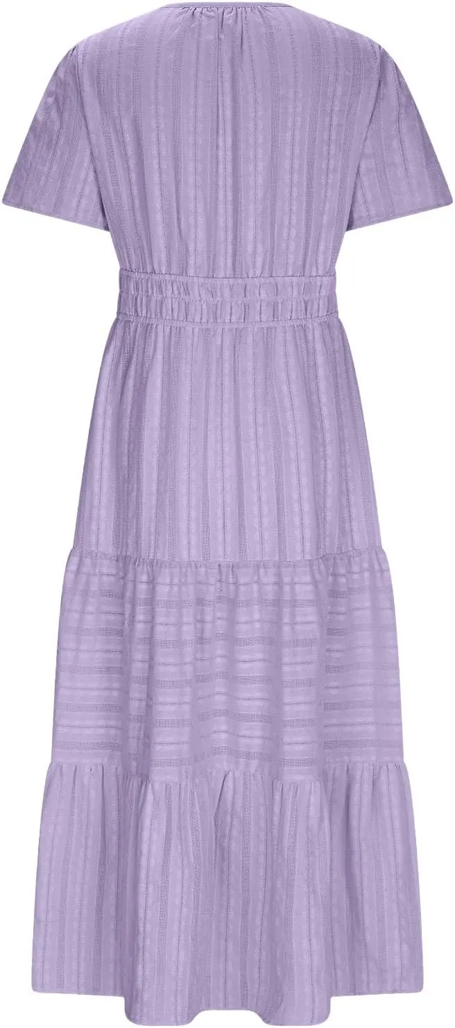 JOAU Womens Summer Dresses 2025 Casual Short Sleeve Notched V Neck Boho Tiered Ruffle A-Line Beach Maxi Dress with Pockets