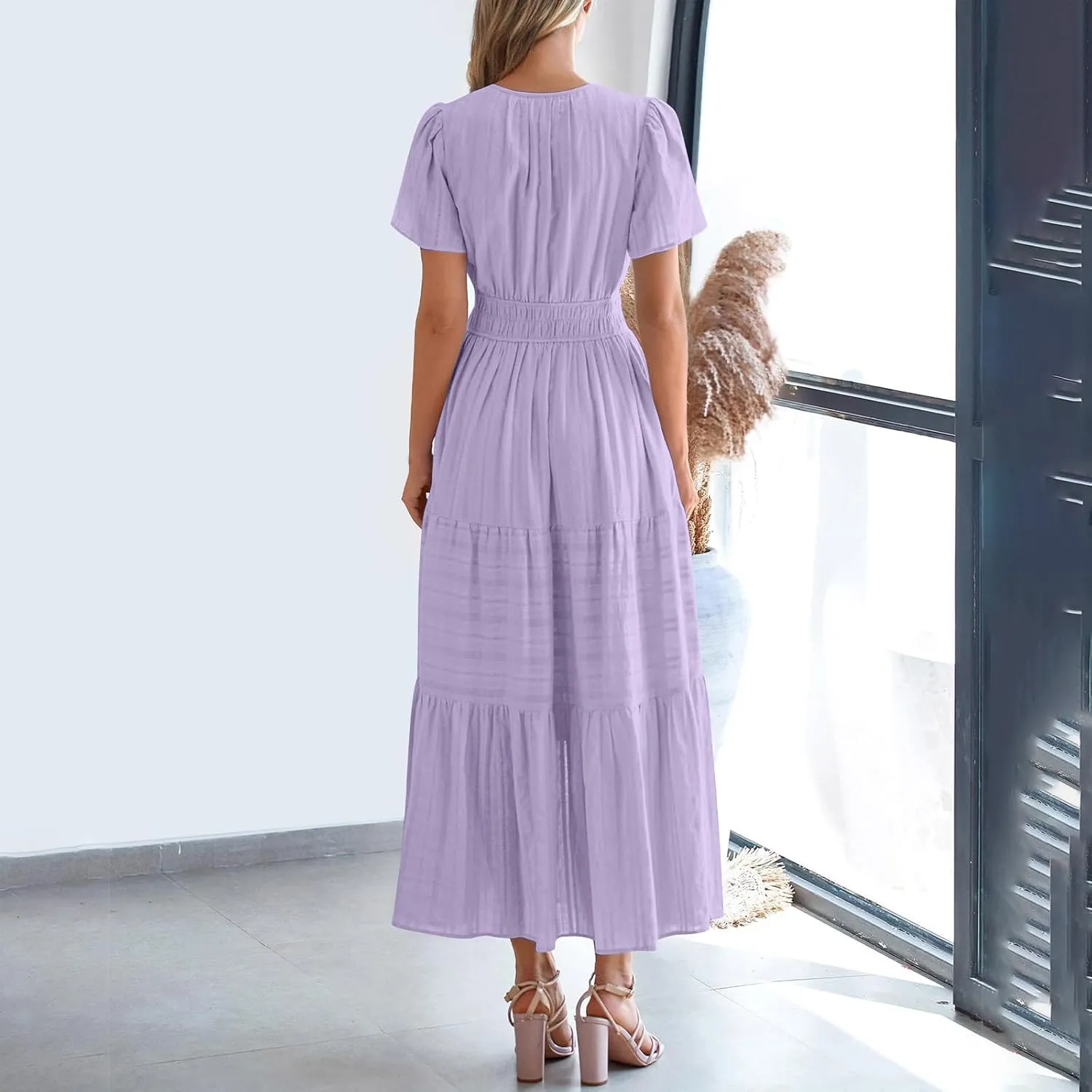 JOAU Womens Summer Dresses 2025 Casual Short Sleeve Notched V Neck Boho Tiered Ruffle A-Line Beach Maxi Dress with Pockets