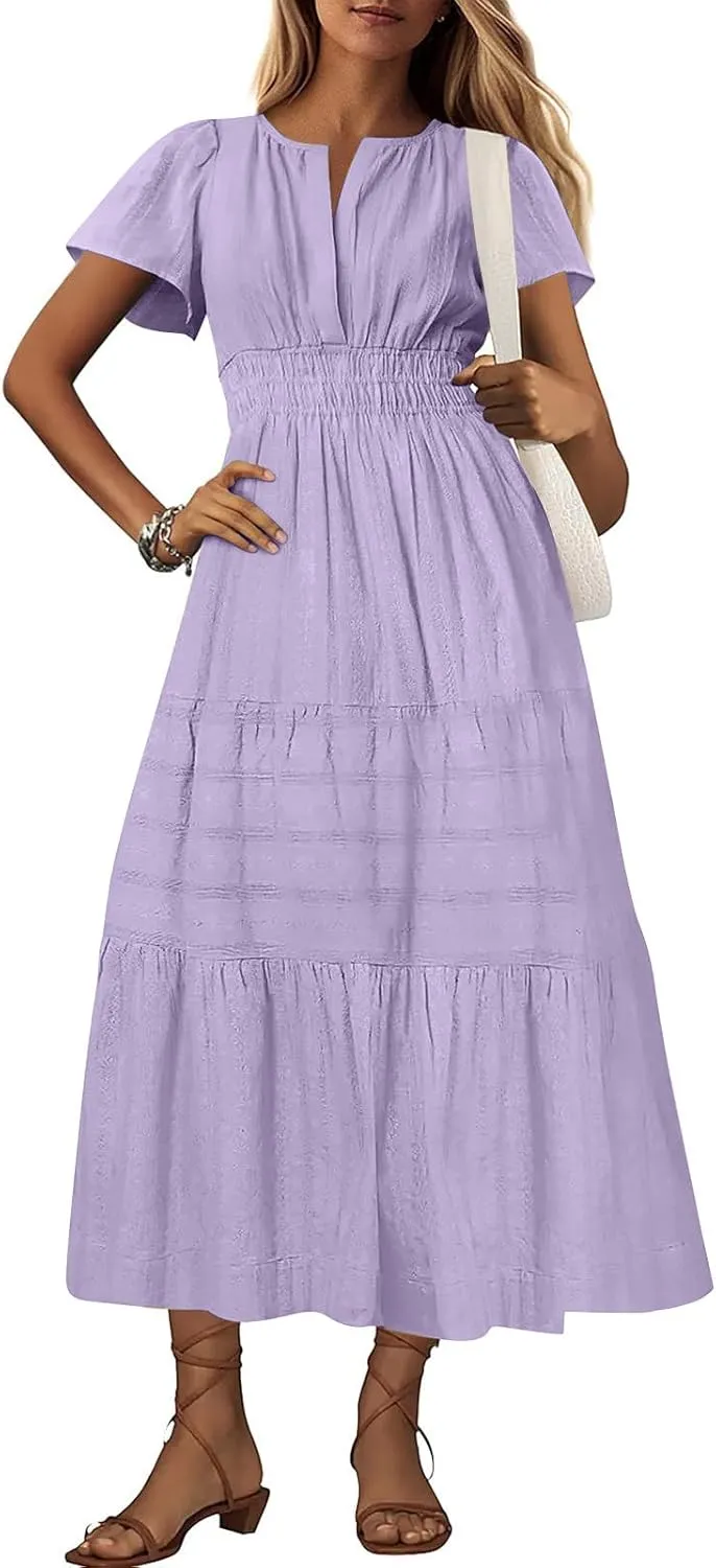 JOAU Womens Summer Dresses 2025 Casual Short Sleeve Notched V Neck Boho Tiered Ruffle A-Line Beach Maxi Dress with Pockets
