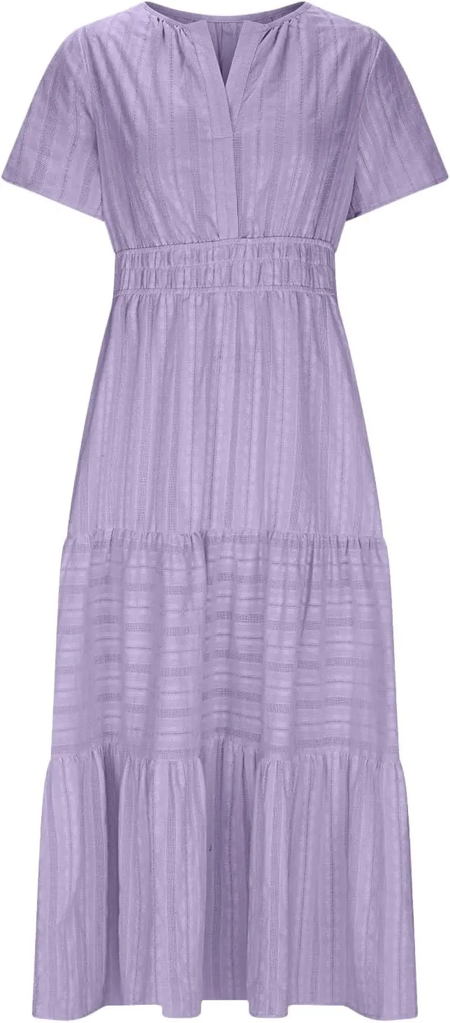 JOAU Womens Summer Dresses 2025 Casual Short Sleeve Notched V Neck Boho Tiered Ruffle A-Line Beach Maxi Dress with Pockets