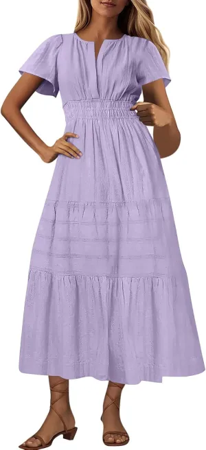 JOAU Womens Summer Dresses 2025 Casual Short Sleeve Notched V Neck Boho Tiered Ruffle A-Line Beach Maxi Dress with Pockets