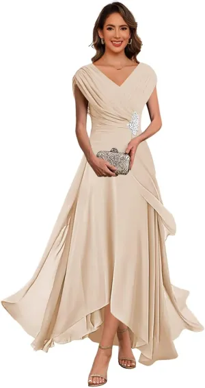 Lace Applique Chiffon Mother of The Bride Dresses Cap Sleeves Evening Gown V Neck Formal Dress for Wedding QA213