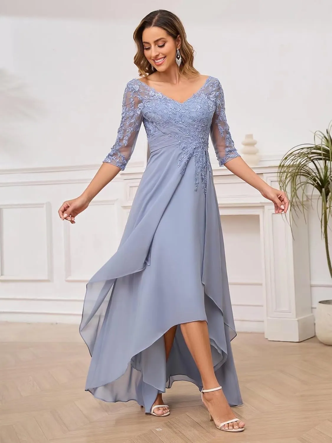 Lace Appliques Mother of The Bride Dresses for Wedding 3/4 Sleeves V Neck Ruffles Formal Wedding Guest Dress