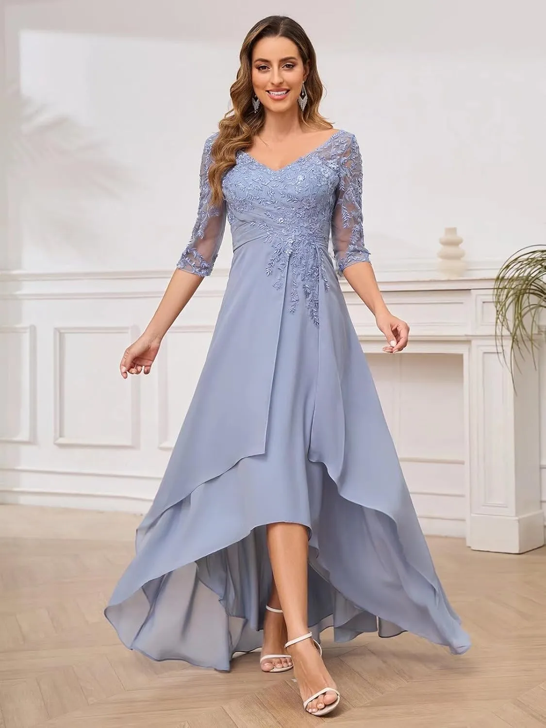 Lace Appliques Mother of The Bride Dresses for Wedding 3/4 Sleeves V Neck Ruffles Formal Wedding Guest Dress