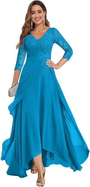 Lace Appliques Mother of The Bride Dresses for Wedding 3/4 Sleeves V Neck Ruffles Formal Wedding Guest Dress