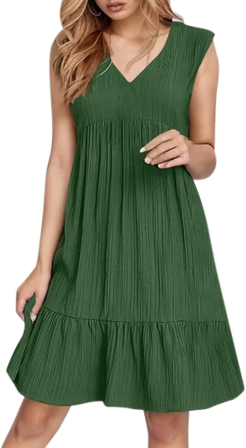 Linen Maxi Dresses for Women 2025 Sleeveless V Neck Mini Dress Fashion Casual Flowy Boho Ruffle A Line Swing Sundresses