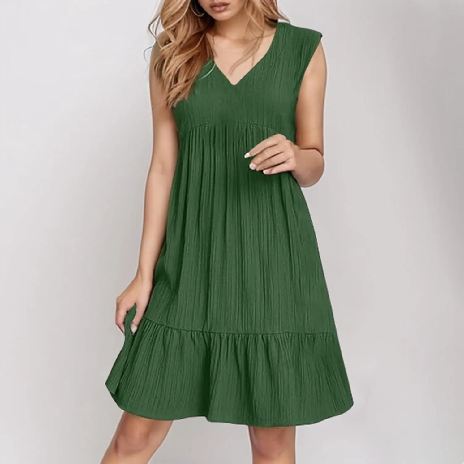 Linen Maxi Dresses for Women 2025 Sleeveless V Neck Mini Dress Fashion Casual Flowy Boho Ruffle A Line Swing Sundresses