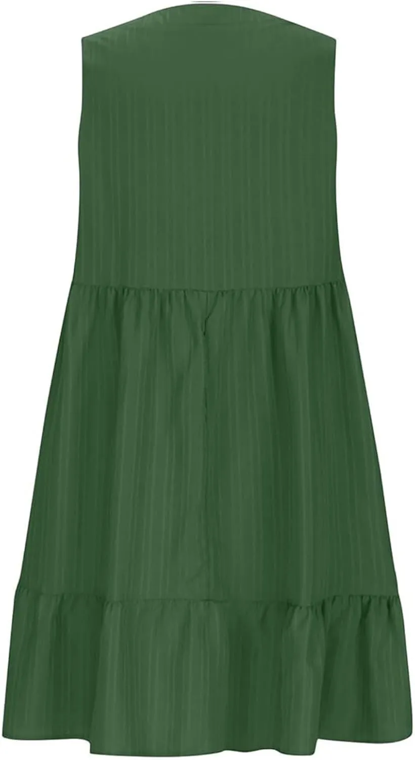 Linen Maxi Dresses for Women 2025 Sleeveless V Neck Mini Dress Fashion Casual Flowy Boho Ruffle A Line Swing Sundresses
